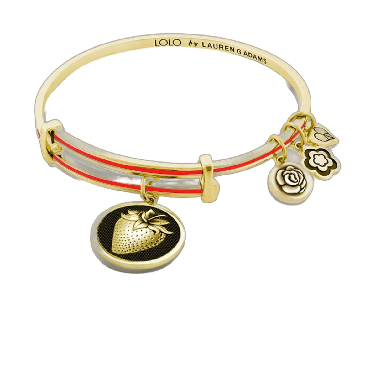 Lolo Strawberry Bangle by Lauren G Adams, gold-tone bracelet with red enamel stripe and charms on Tampa Home & Garden Store