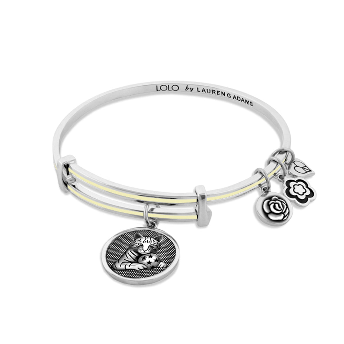 Lolo Kitten Bangle by Lauren G Adams, silver-toned bracelet with yellow accent and kitten charms on Tampa Home & Garden Store