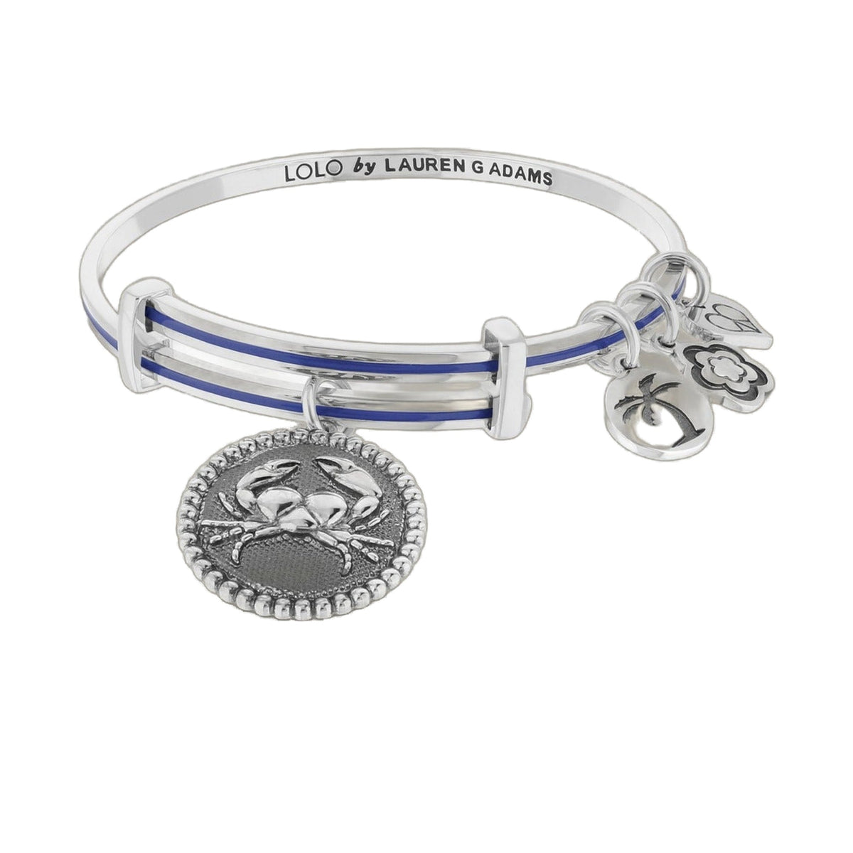 Lolo Crab Bangle by Lauren G Adams, silver bracelet with blue enamel stripe and crab charms on Tampa Home & Garden Store