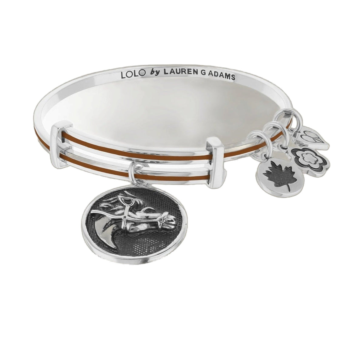 Lolo Horse Bangle bracelet by Lauren G Adams, silver-tone band with brown leather strap on Tampa Home & Garden Store