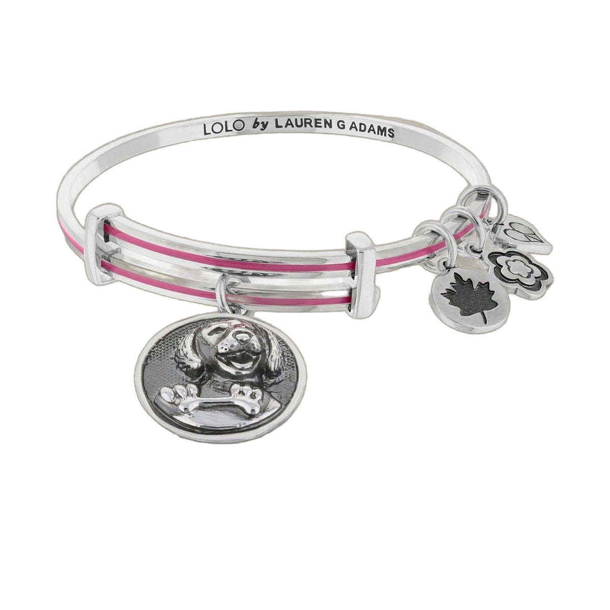 Lolo Puppy Bangle by Lauren G Adams silver-tone bracelet with pink stripes and dog charms on Tampa Home & Garden Store