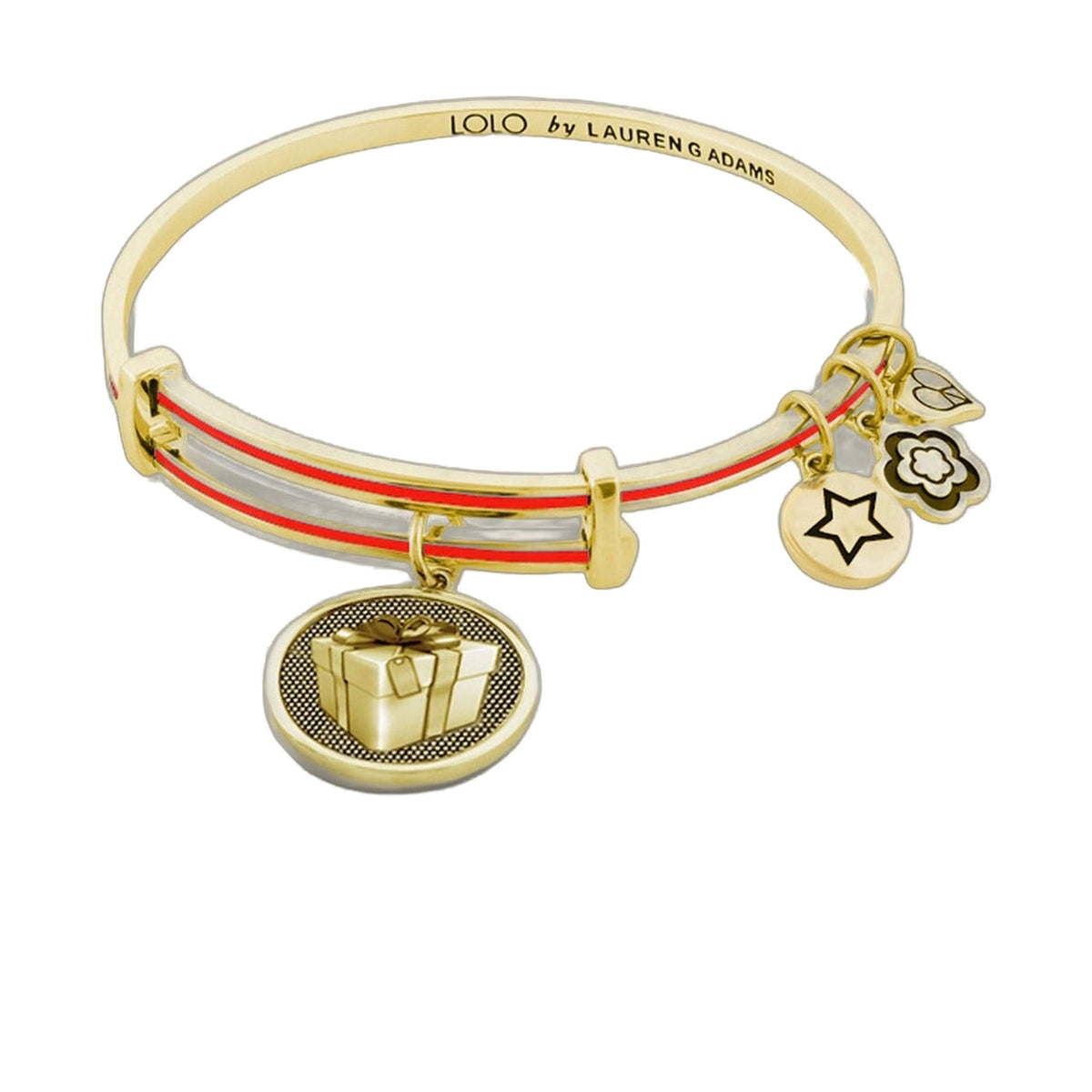 Lolo Gift Box Bangle by Lauren G Adams, gold-tone bracelet with red enamel stripe and gift box charm on Tampa Home & Garden Store