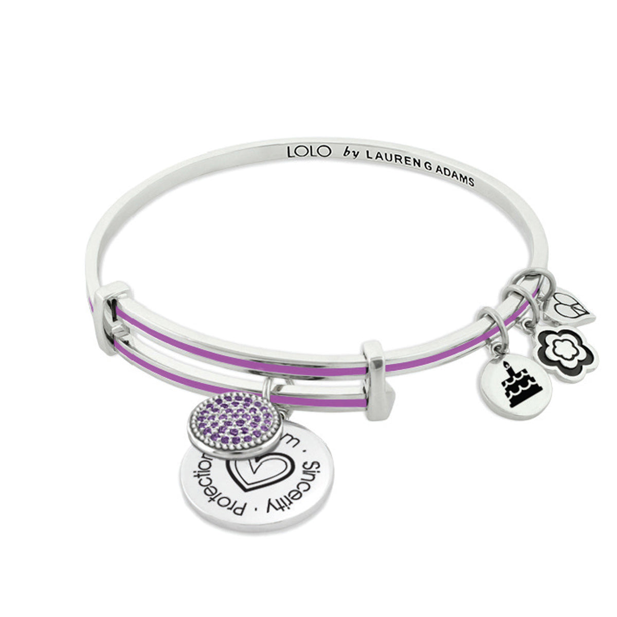 January Birthstone Color Bangle by Lauren G Adams, silver tone and purple enamel bands charms on Tampa Home & Garden Store