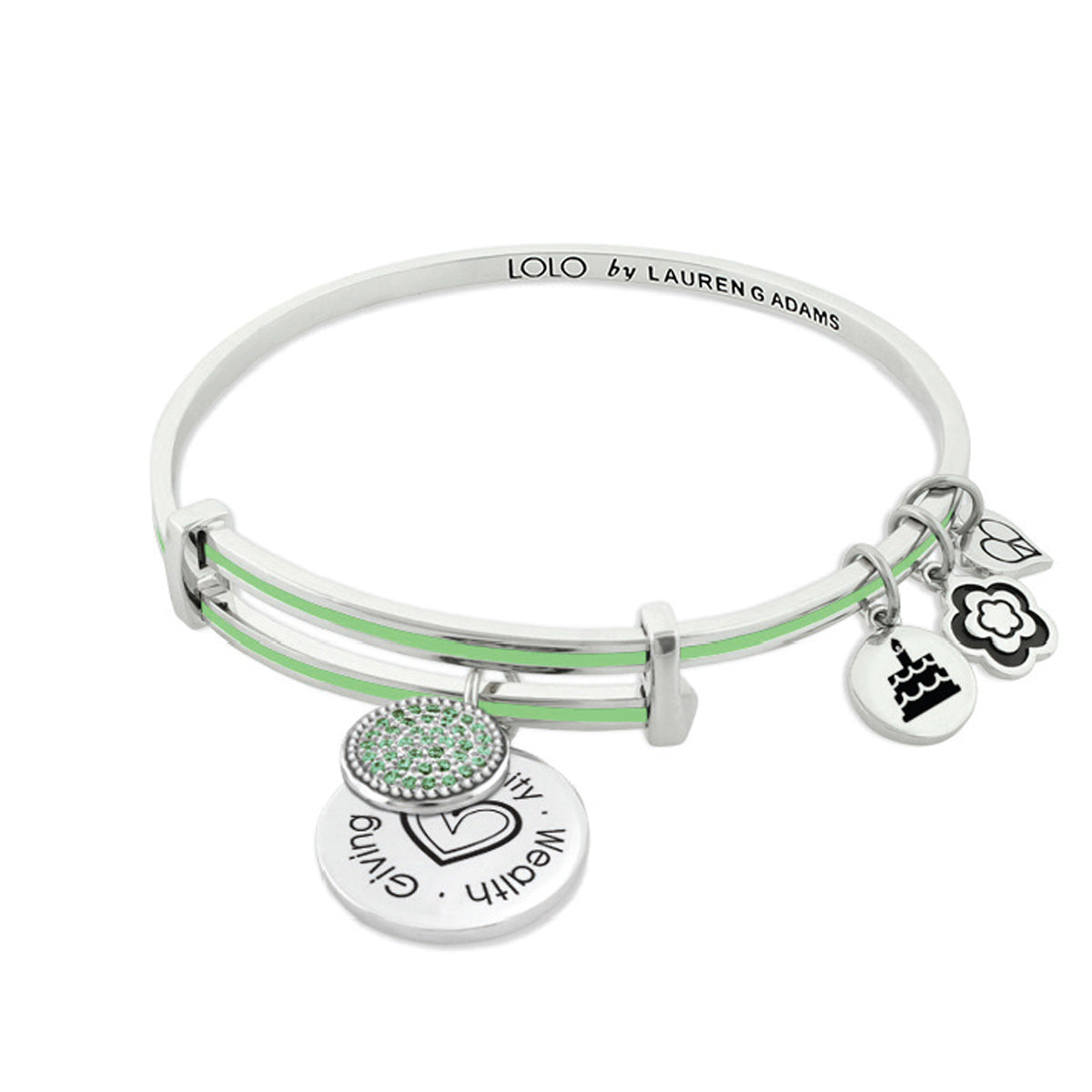 January Birthstone Color Bangle by Lauren G Adams white cuff with green enamel stripe and charms on Tampa Home & Garden Store