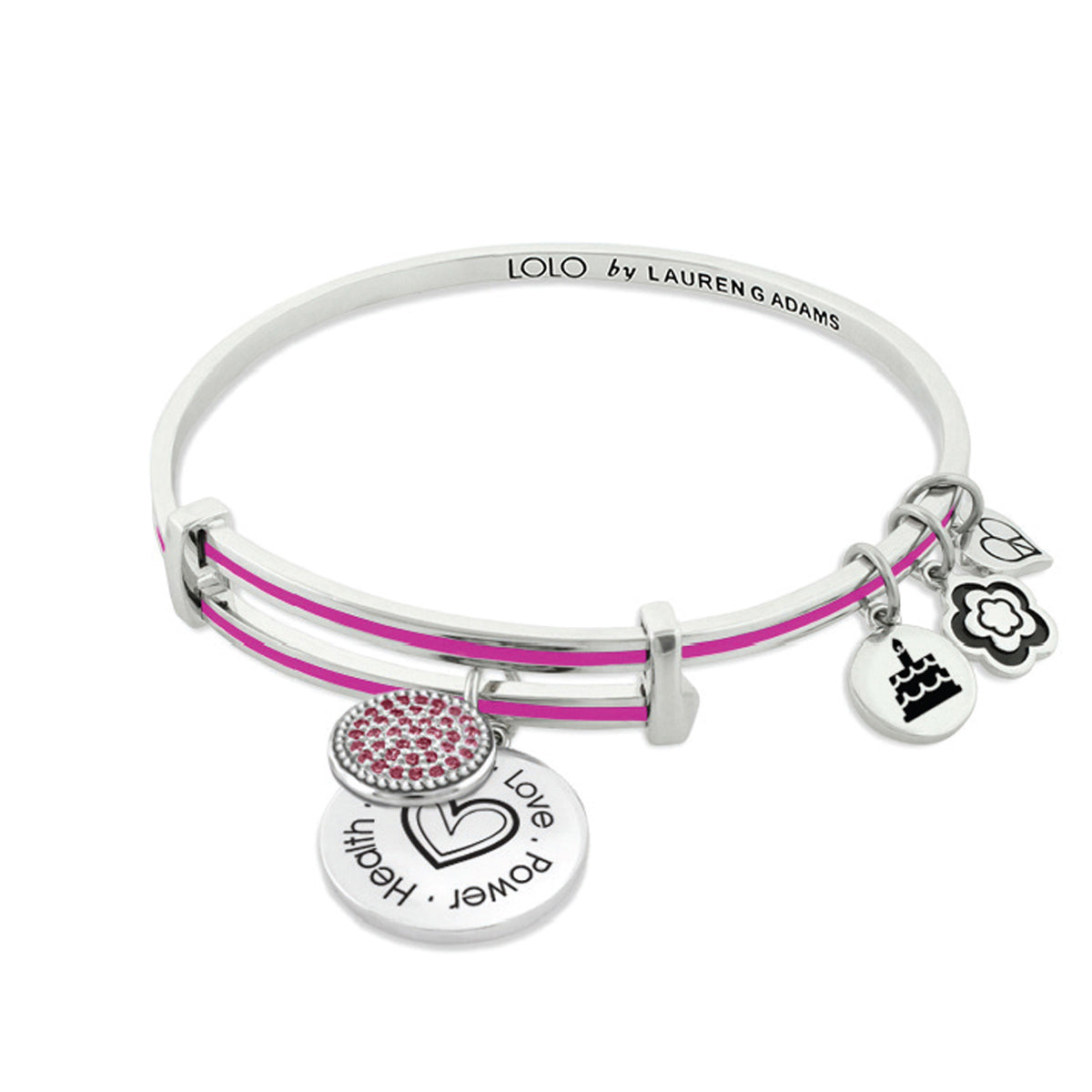 January Birthstone Color Bangle by Lauren Adams, white bangle with pink stripe and pavé charm on Tampa Home & Garden Store