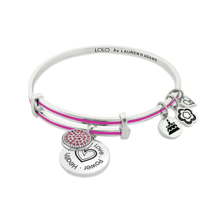 January Birthstone Color Bangle by Lauren Adams, white bangle with pink stripe and pavé charm on Tampa Home & Garden Store