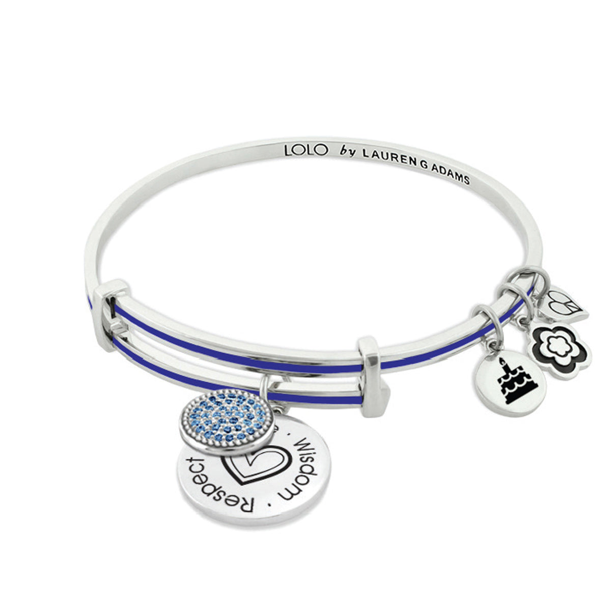January Birthstone Color Bangle by Lauren G Adams, white bracelet with blue stripe and charms on Tampa Home & Garden Store