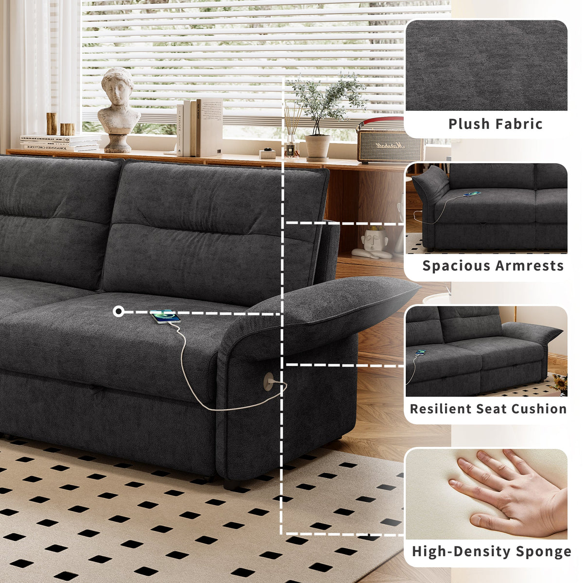 Grey plush fabric sofa bed with 85-inch convertible design; modern living room setting on Tampa Home & Garden Store