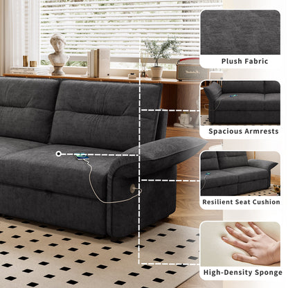 Grey plush fabric sofa bed with 85-inch convertible design; modern living room setting on Tampa Home & Garden Store