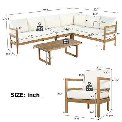 Outdoor Acacia Wood 7-Seater Sectional Sofa Set by HouseOfZazla with white cushions on Tampa Home & Garden Store