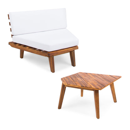 Hillcrest 2 Piece Outdoor Set Sofa Corner and Table with white cushions and wood frame on Tampa Home & Garden Store