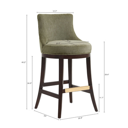 Bar height barstool with backrest in olive fabric, dark legs and brass footrest HouseOfZazla on Tampa Home & Garden Store