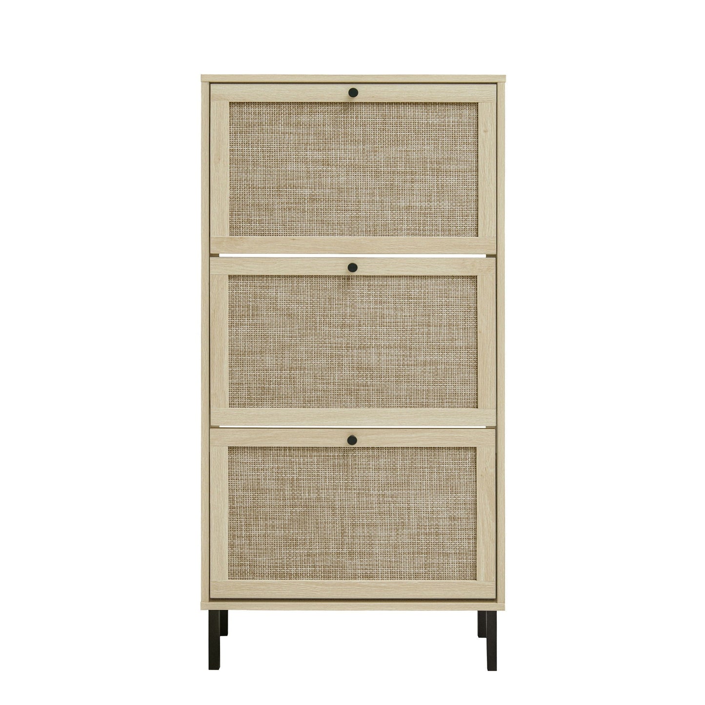 Shoe cabinet: modern rattan 3-door entryway storage in light wood with woven panels on Tampa Home & Garden Store