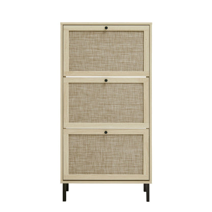 Shoe cabinet: modern rattan 3-door entryway storage in light wood with woven panels on Tampa Home & Garden Store