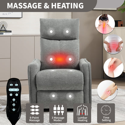 Heat Massage Manual Recliner Chair with Rocker and Swivel in gray fabric with remote on Tampa Home & Garden Store