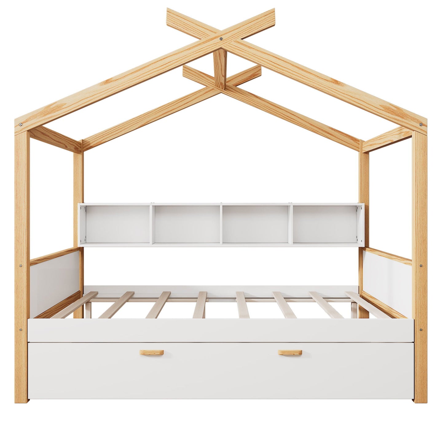 House Bed With Bookshelf Storage natural wood frame with white drawers HouseOfZazla on Tampa Home & Garden Store