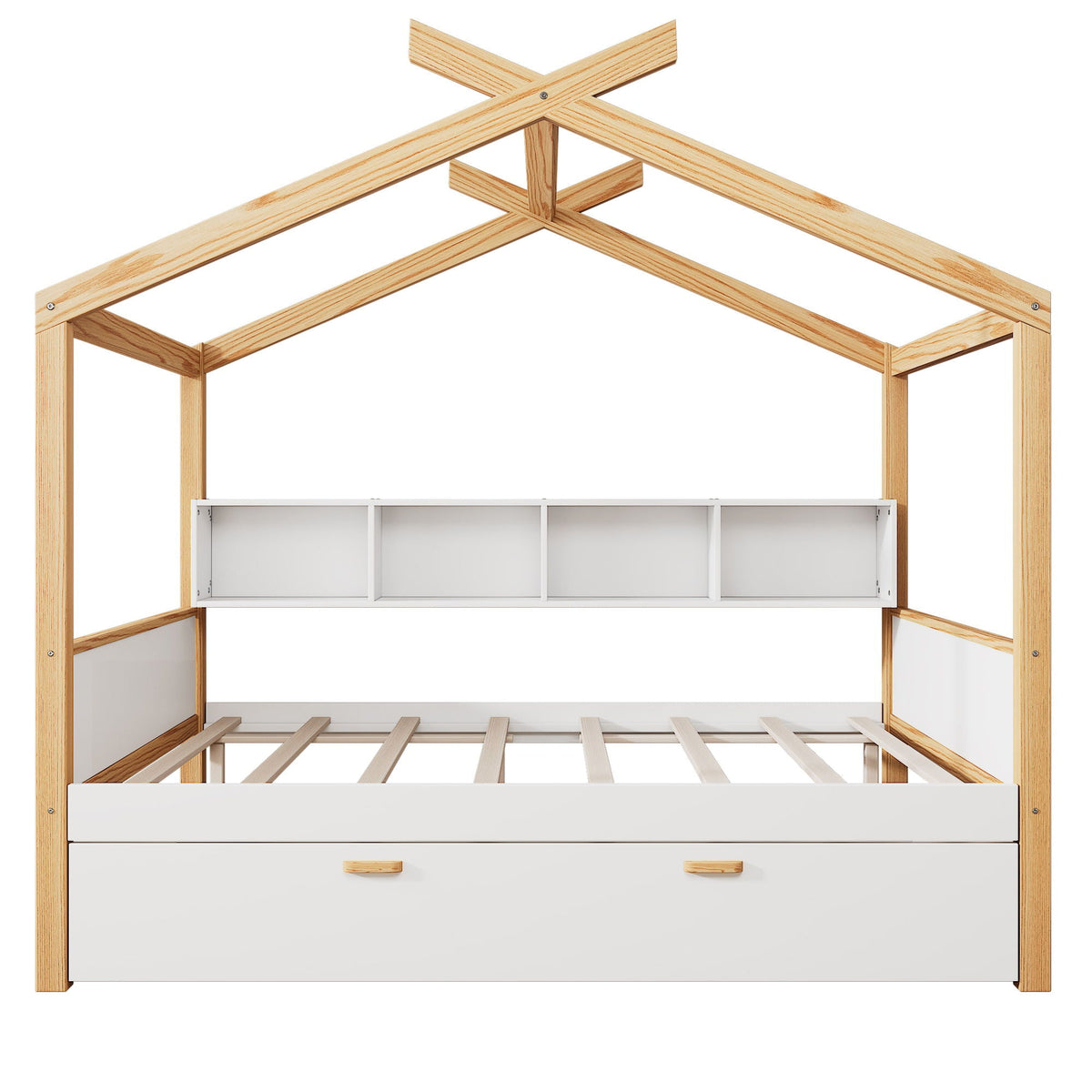 House Bed With Bookshelf Storage natural wood frame with white drawers HouseOfZazla on Tampa Home & Garden Store