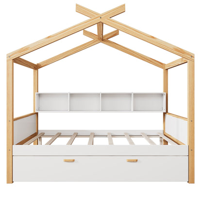 House Bed With Bookshelf Storage natural wood frame with white drawers HouseOfZazla on Tampa Home & Garden Store