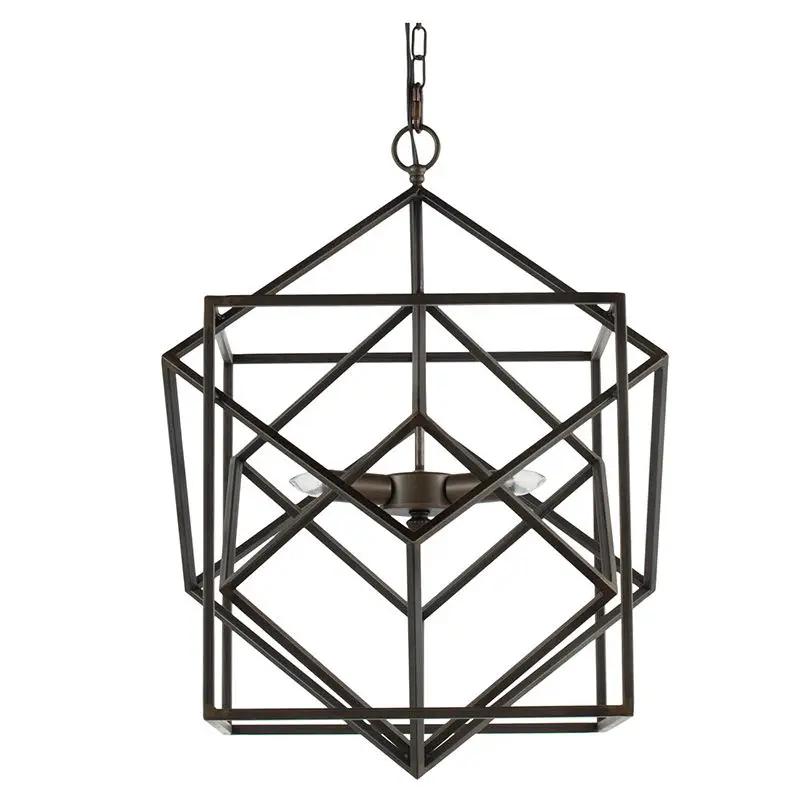 3 Light black metal chandelier with geometric cube frame and adjustable chain on Tampa Home & Garden Store