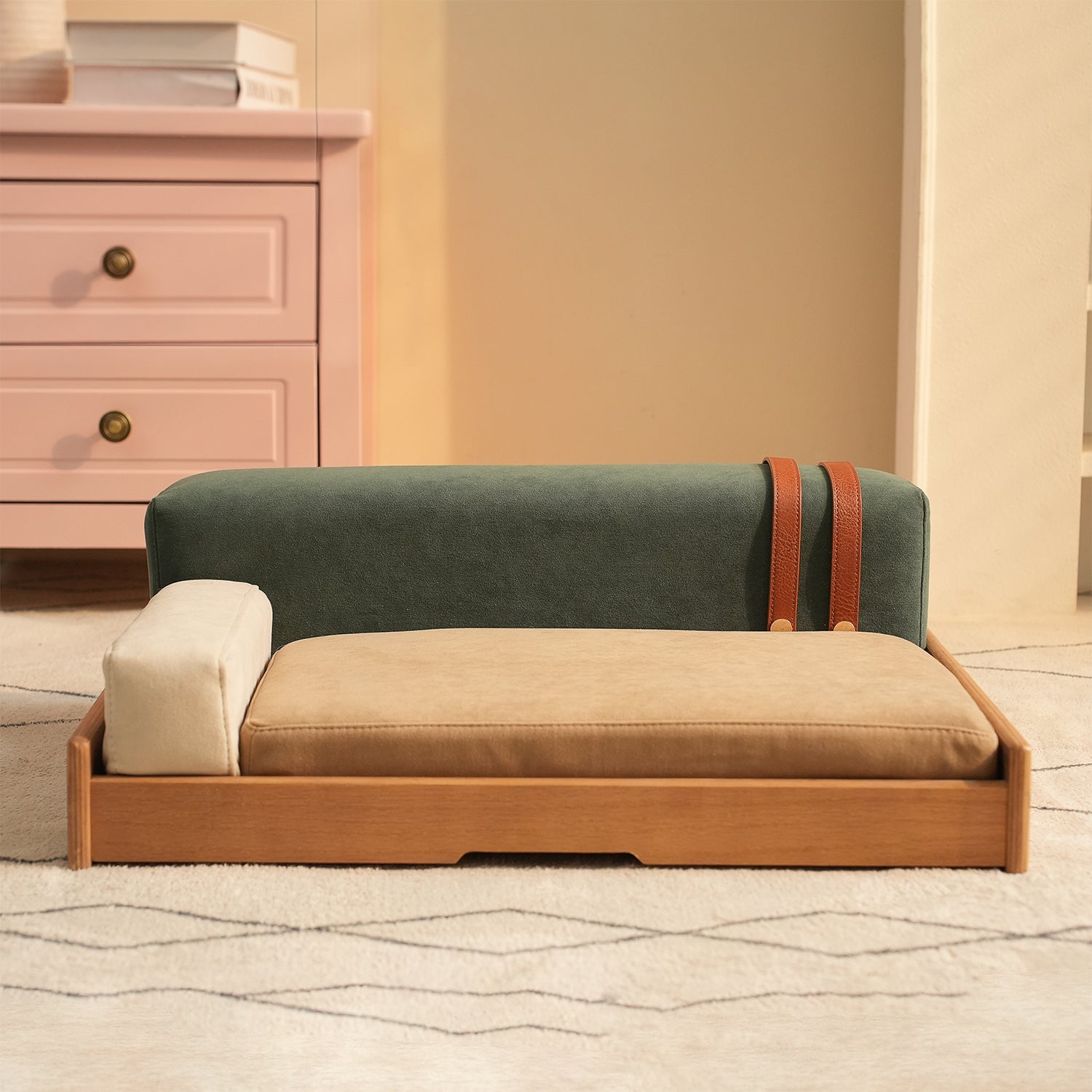 HouseOfZazla modern wooden pet bed for cats and dogs with beige cushion and green backrest on Tampa Home & Garden Store