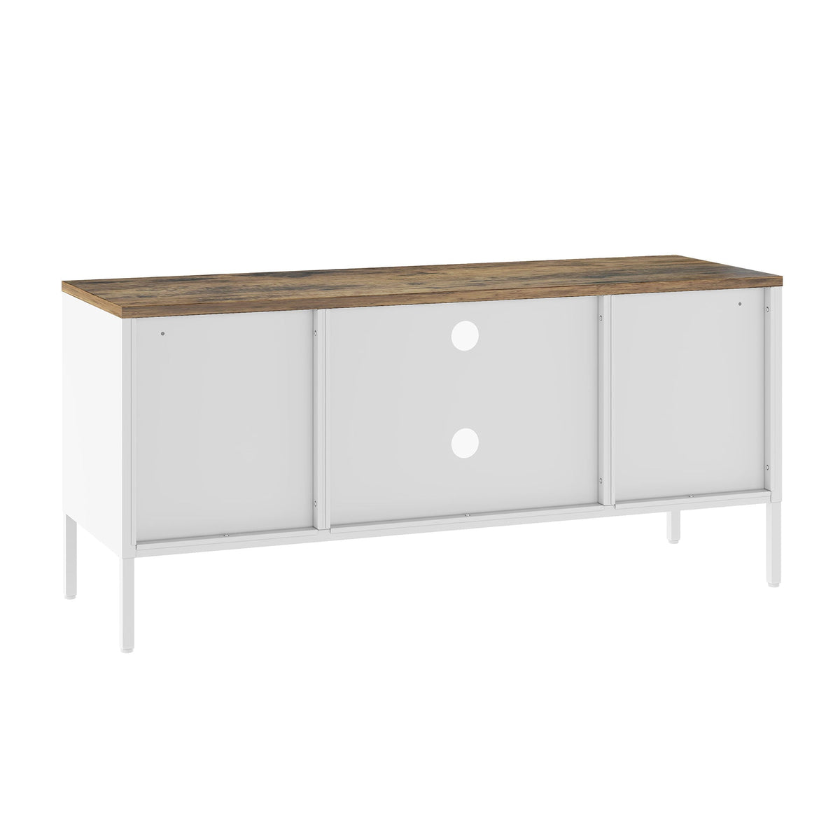Storage Cabinet TV Stand with wood top and steel frame, dual gray doors on Tampa Home & Garden Store