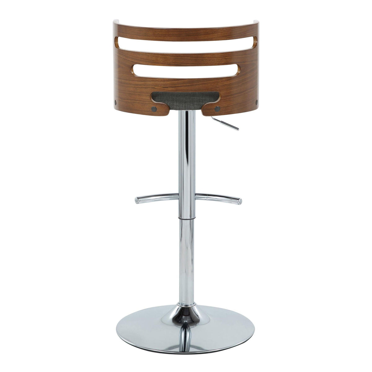 Mid-century modern adjustable barstool with dark wood backrest and chrome pedestal base on Tampa Home & Garden Store