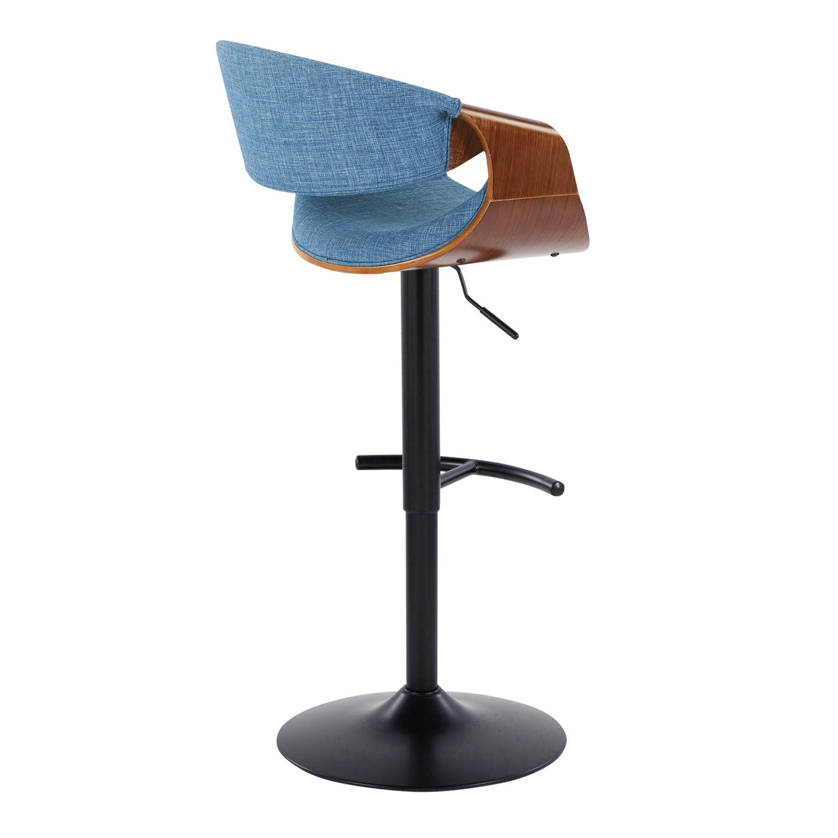 Mid Century Modern adjustable barstool with blue upholstery, swivel, wood shell, and T footrest on Tampa Home & Garden Store