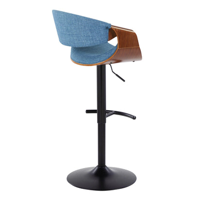 Mid Century Modern adjustable barstool with blue upholstery, swivel, wood shell, and T footrest on Tampa Home & Garden Store
