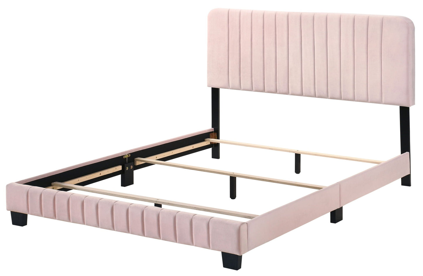 Channel Tufted Bed in pink velvet with black metal legs and wooden slats by HouseOfZazla on Tampa Home & Garden Store