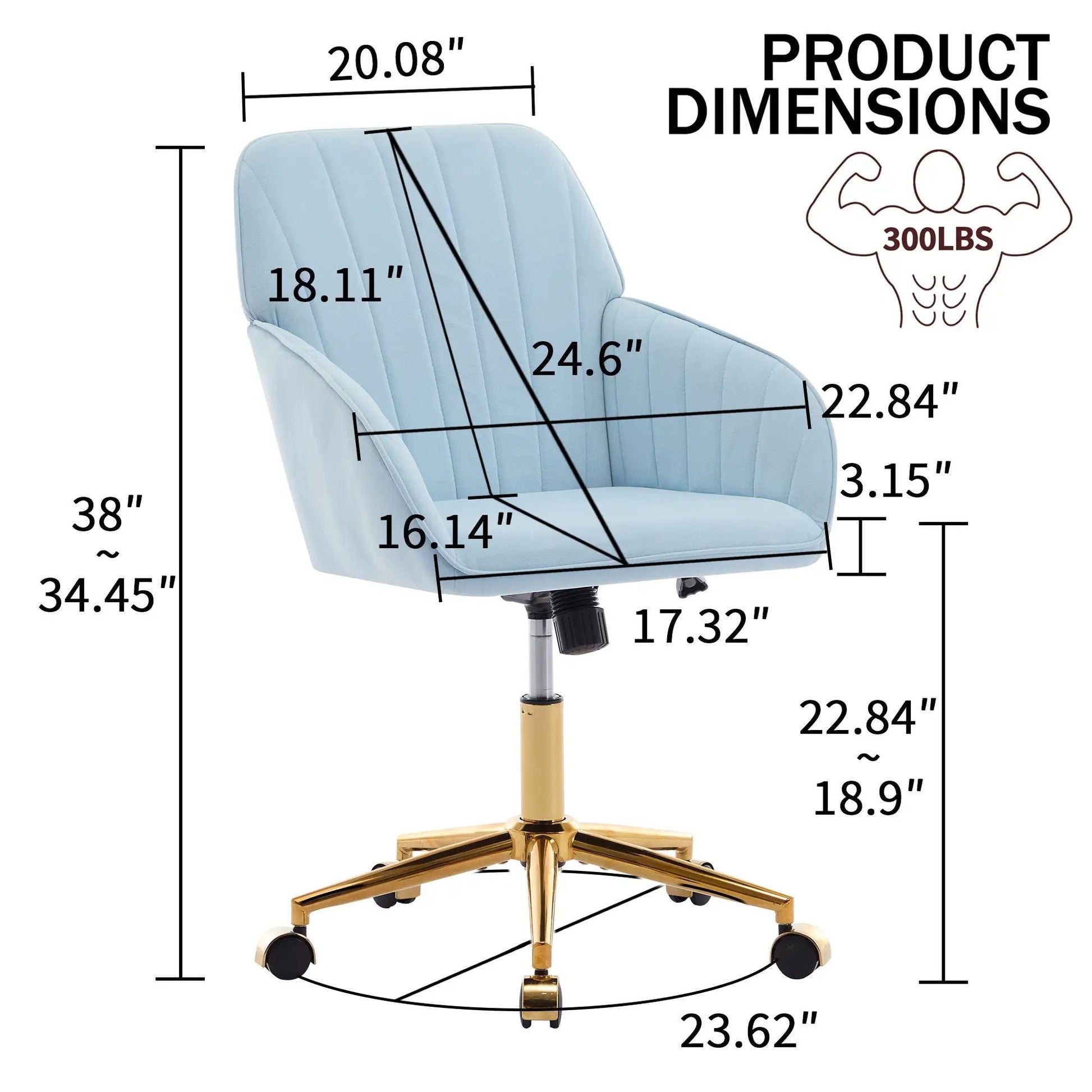 Adjustable ergonomic swivel office chair in light blue upholstery with a gold base on Tampa Home & Garden Store