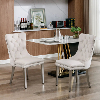 Nikki Contemporary Upholstered Dining Chair pair in light beige tufted fabric with nailhead trim on Tampa Home & Garden Store