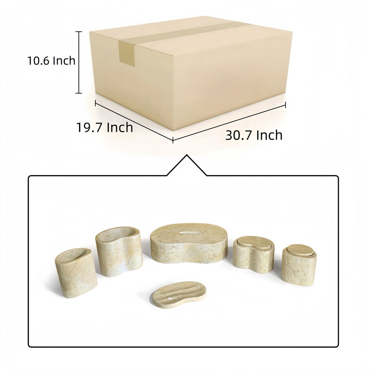 Elegant natural marble bathroom accessories set with beige cylindrical containers and tray on Tampa Home & Garden Store