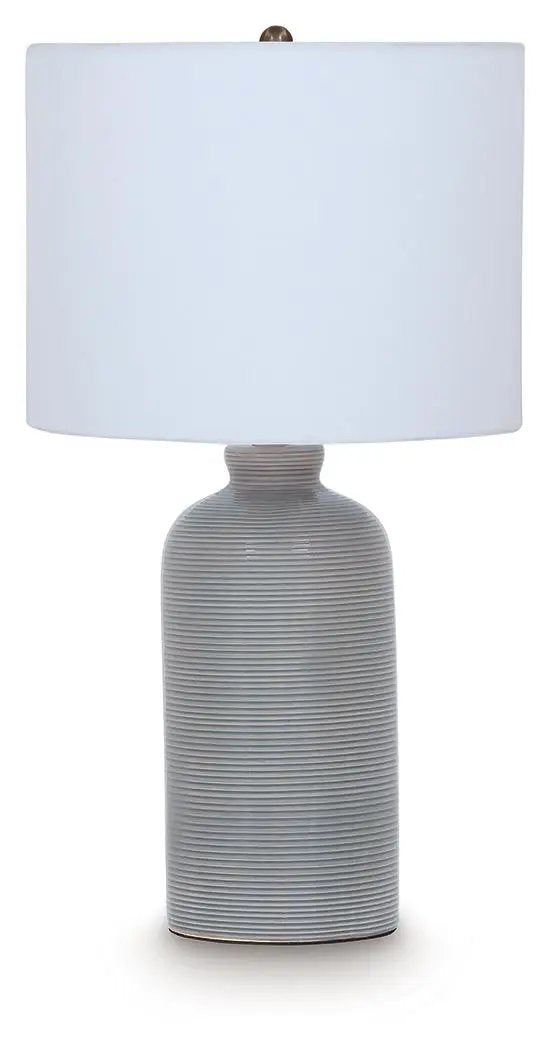 Wimlow ceramic table lamp gray-blue ribbed base with white shade on Tampa Home & Garden Store