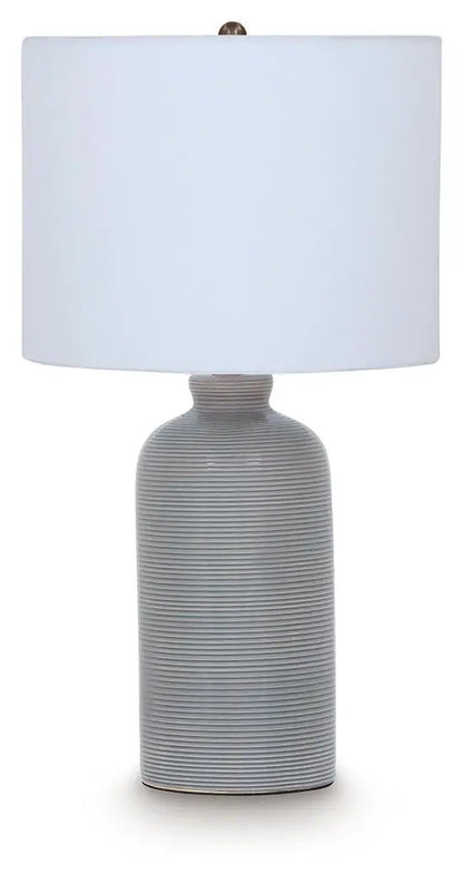 Wimlow ceramic table lamp gray-blue ribbed base with white shade on Tampa Home & Garden Store