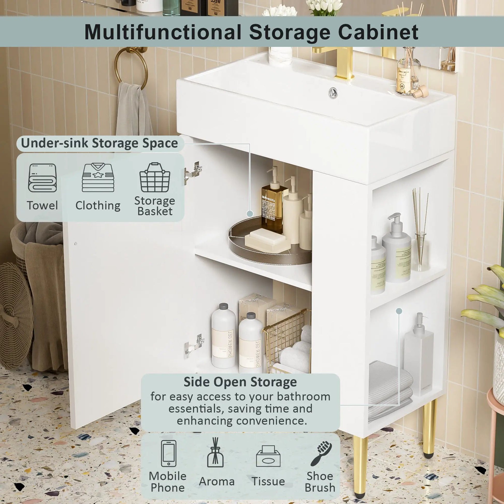 Bathroom vanity with single ceramic sink and white cabinet storage by Unique Piece Furniture on Tampa Home & Garden Store