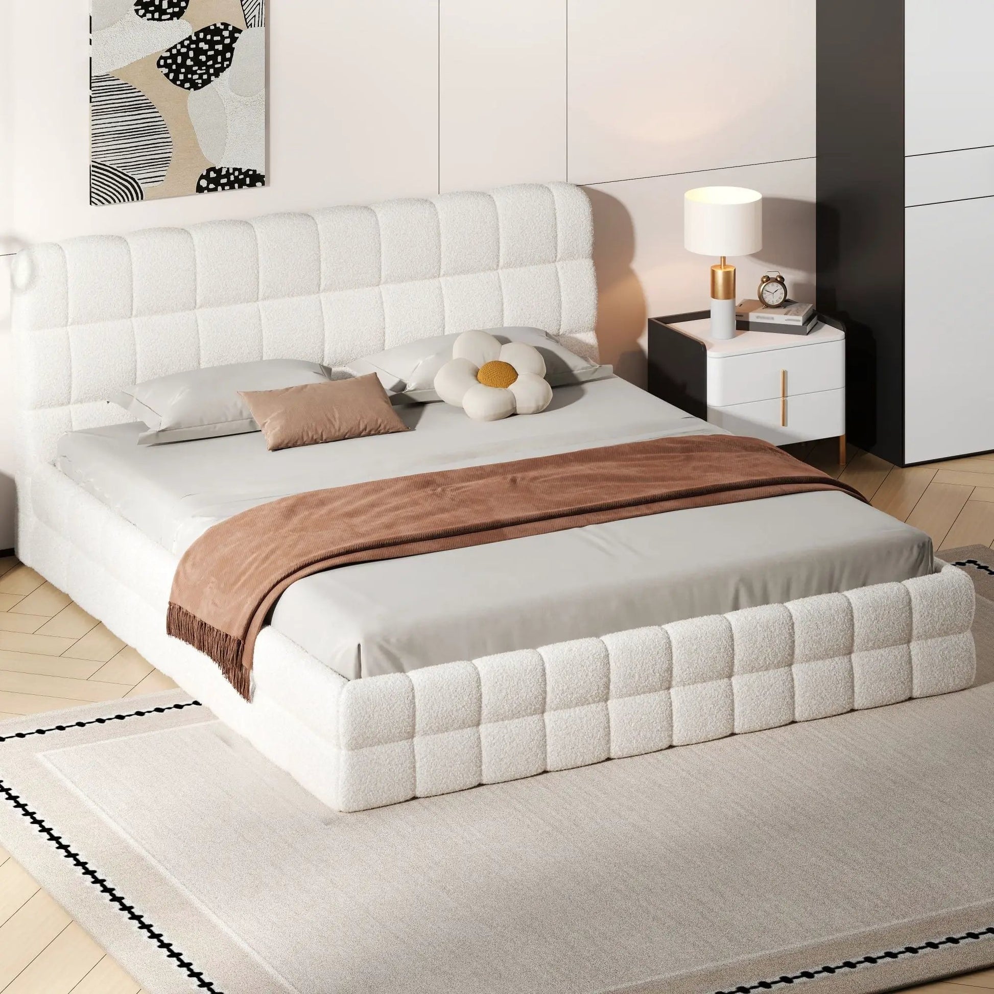 Upholstered platform bed with white boucle headboard by Unique Piece Furniture on Tampa Home & Garden Store