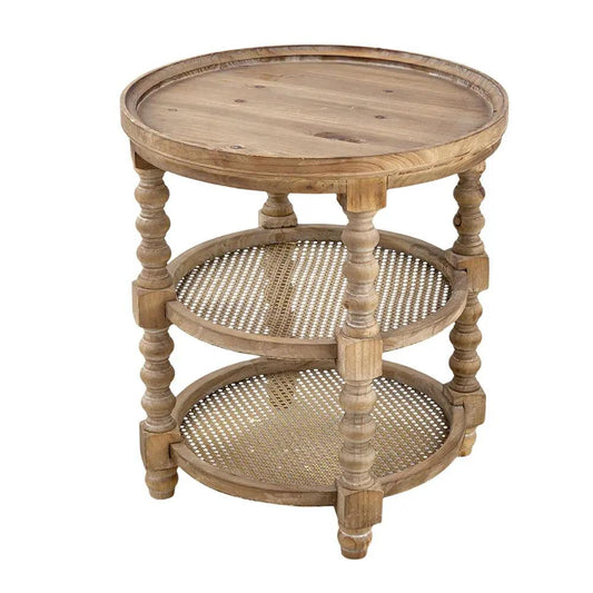 Round 3-tiered side table with carved spindle legs and caned shelves in natural wood on Tampa Home & Garden Store