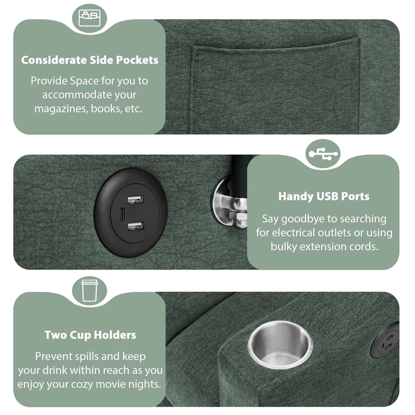 Convertible sleeper loveseat with 3 USB ports 2 pockets 2 cupholders swivel phone holder on Tampa Home & Garden Store