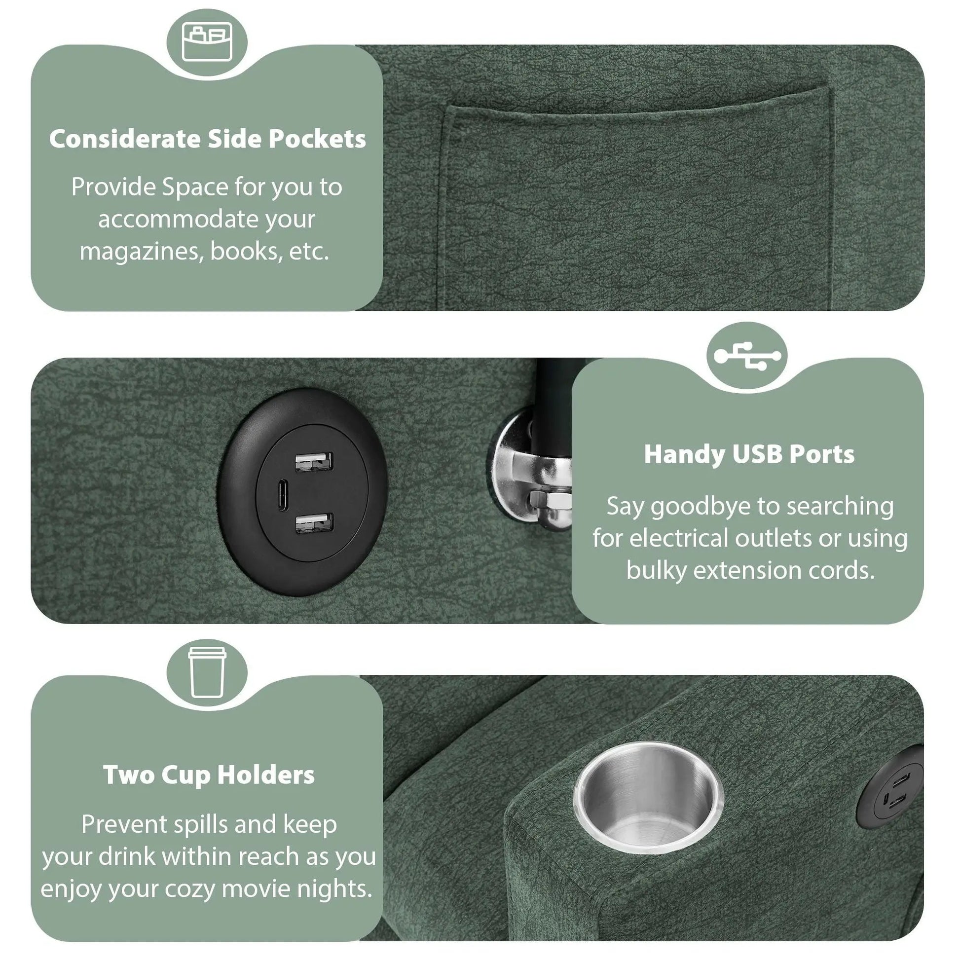 Convertible sleeper loveseat with 3 USB ports 2 pockets 2 cupholders swivel phone holder on Tampa Home & Garden Store