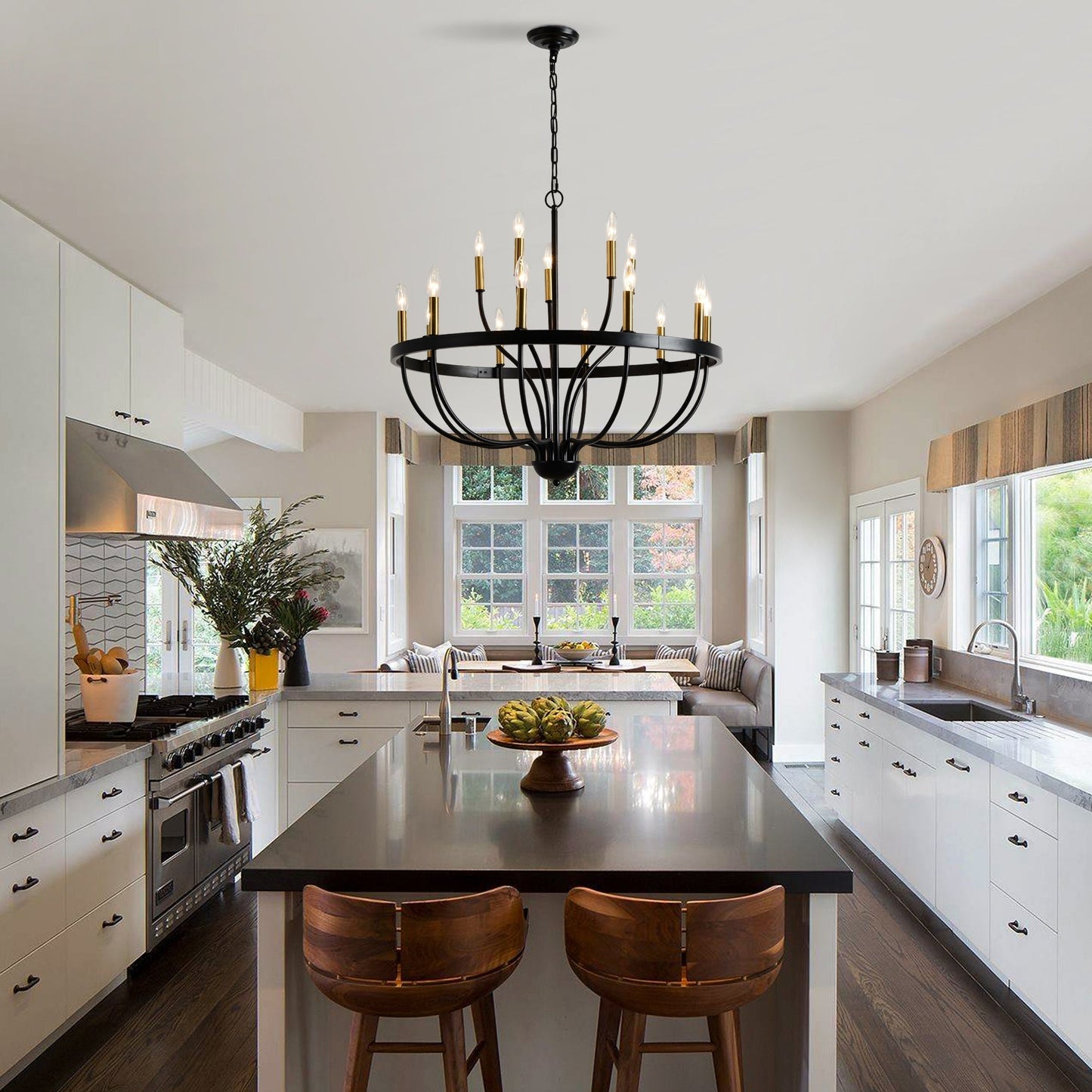 15-light industrial iron chandelier in black with brass candle sockets by HouseOfZazla on Tampa Home & Garden Store