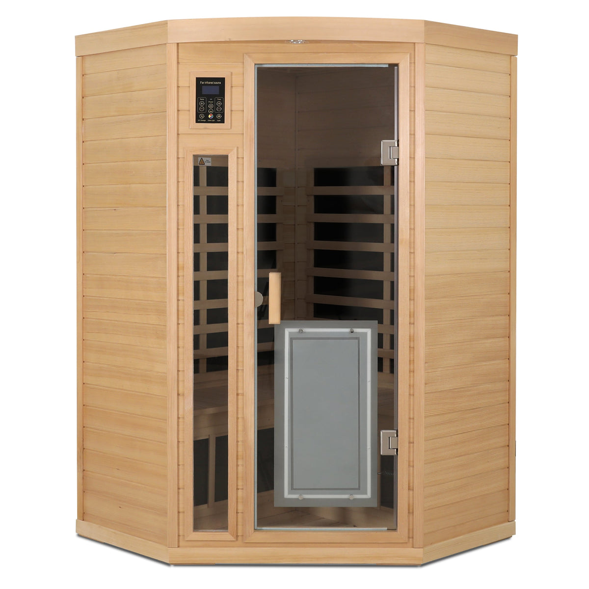 Hemlock wood two-person infrared sauna by HouseOfZazla with Bluetooth control panel on Tampa Home & Garden Store