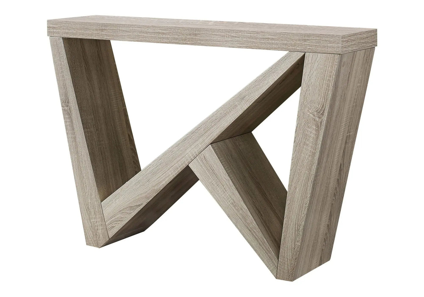 Accent console table in light weathered wood with crossed X-frame legs, durable construction on Tampa Home & Garden Store