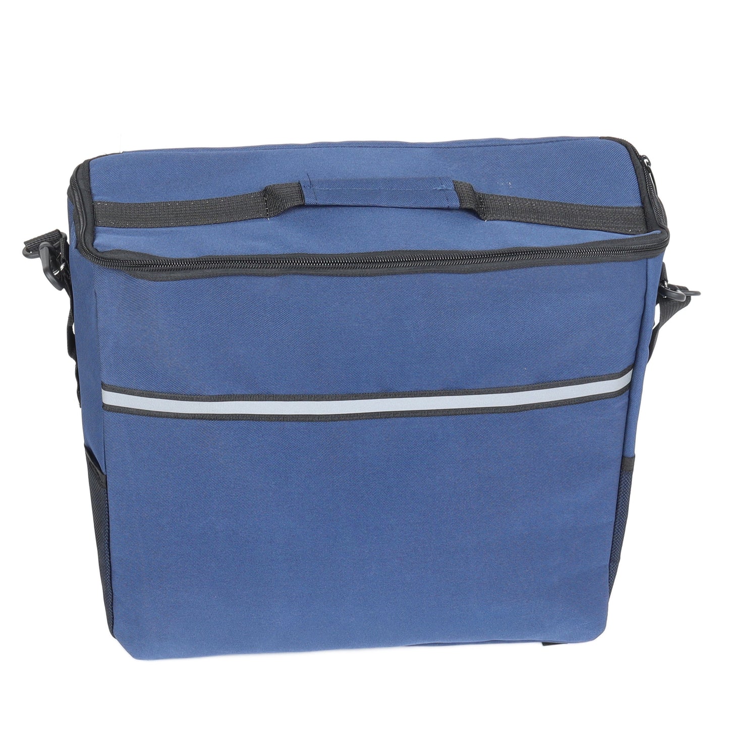 Blue Beach Wagon carry bag with top handle strap, black zipper pocket, reflective stripe on lower edge on Tampa Home & Garden Store
