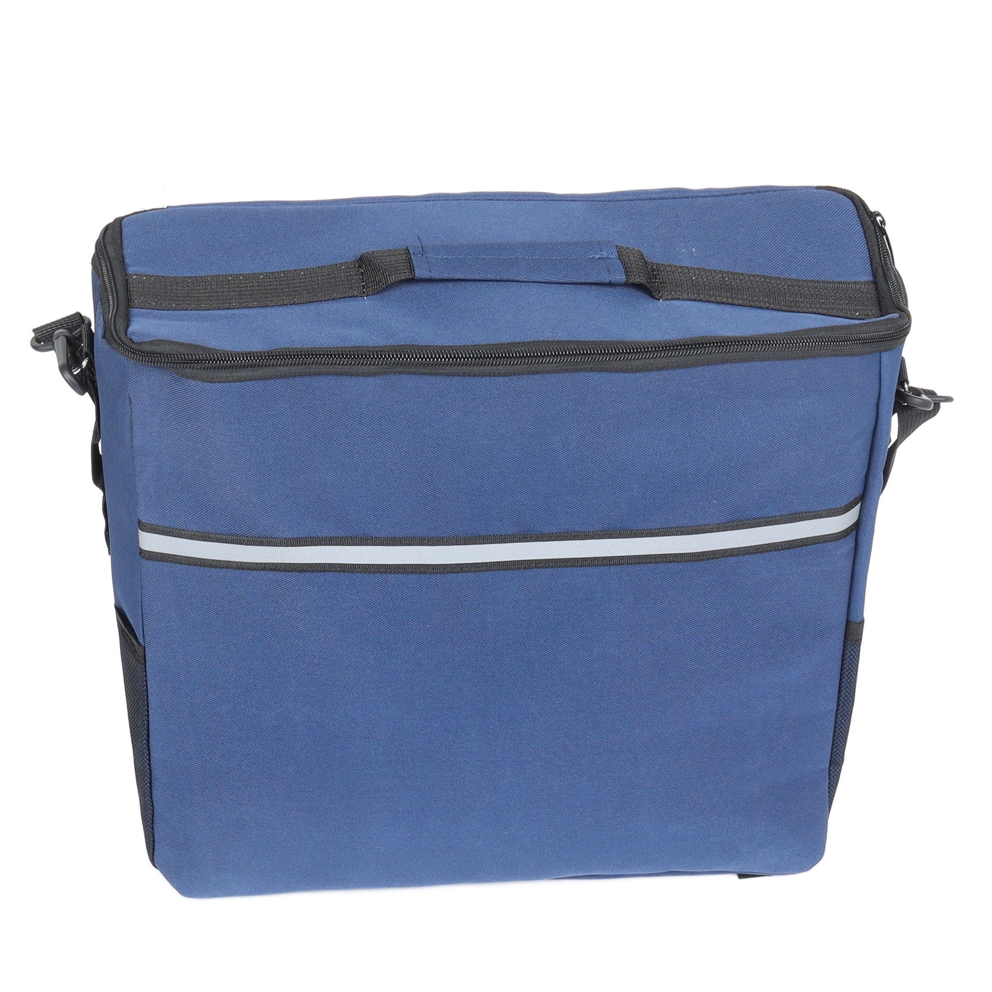 Blue Beach Wagon carry bag with top handle strap, black zipper pocket, reflective stripe on lower edge on Tampa Home & Garden Store