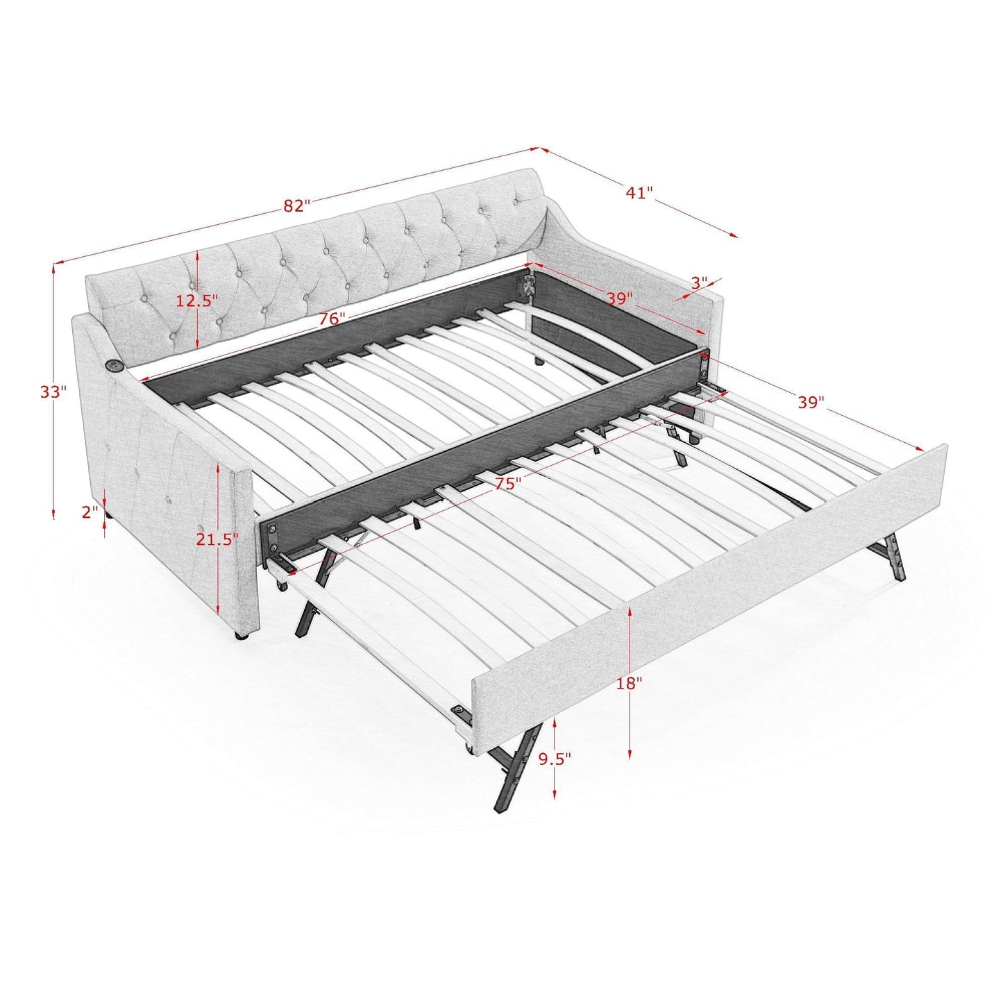 Upholstered Daybed With Trundle and Usb Armrest