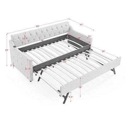 Upholstered Daybed With Trundle and Usb Armrest