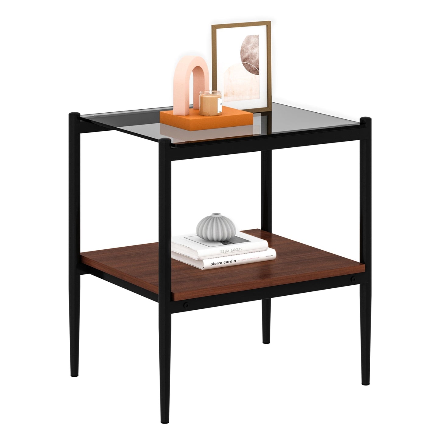 Set of 2 rectangle end tables with gray glass tops black metal frame and wood lower shelves on Tampa Home & Garden Store