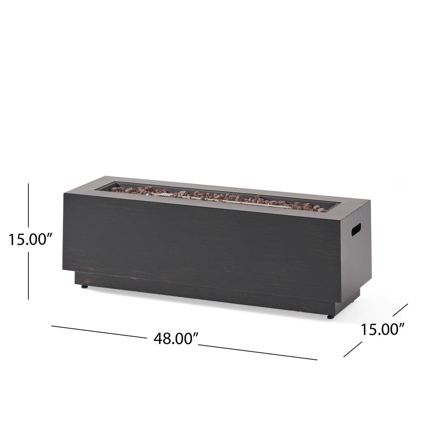 Modern dark grey outdoor iron fire pit, rectangular 40-inch with lava rock fill on Tampa Home & Garden Store