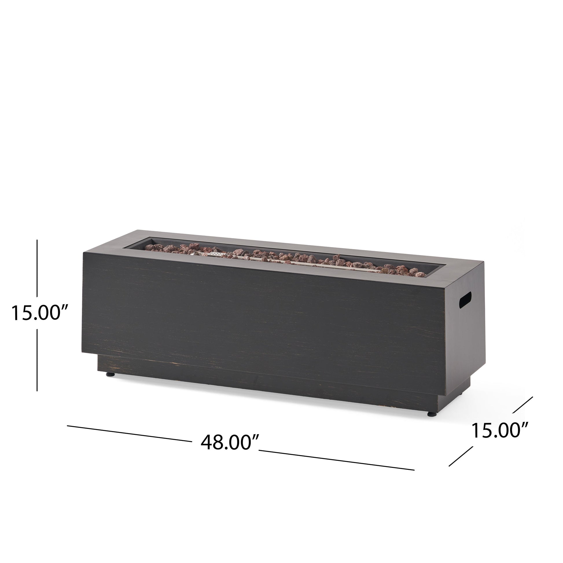 Modern dark grey outdoor iron fire pit, rectangular 40-inch with lava rock fill on Tampa Home & Garden Store