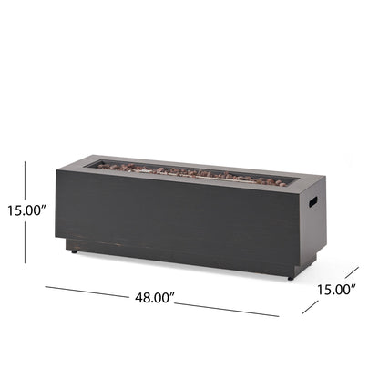 Modern dark grey outdoor iron fire pit, rectangular 40-inch with lava rock fill on Tampa Home & Garden Store